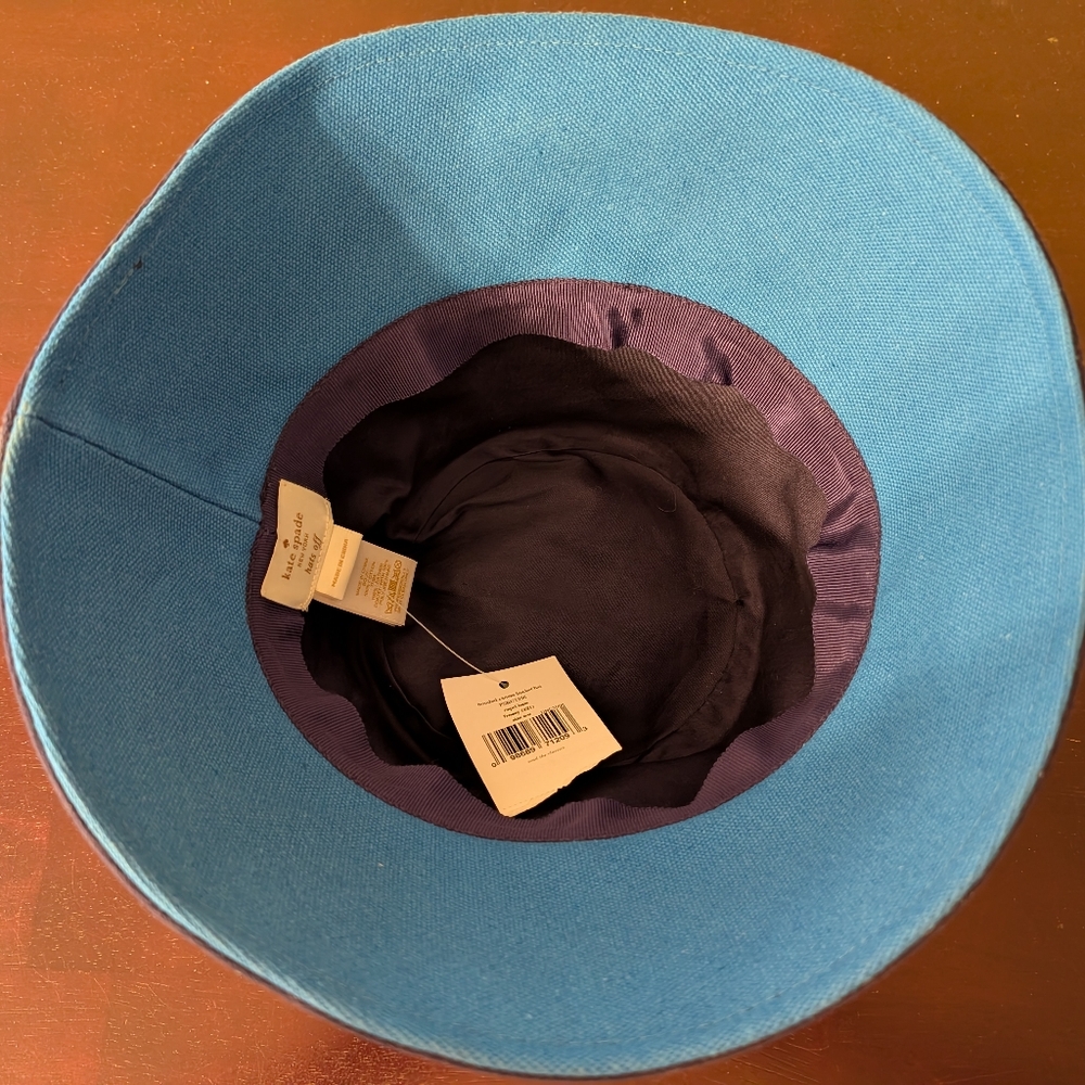 NWT Kate Spade Hats Off Bucket Hat Bonded Canvas Navy Blue Tan Leather Trim - Picture 6 of 12